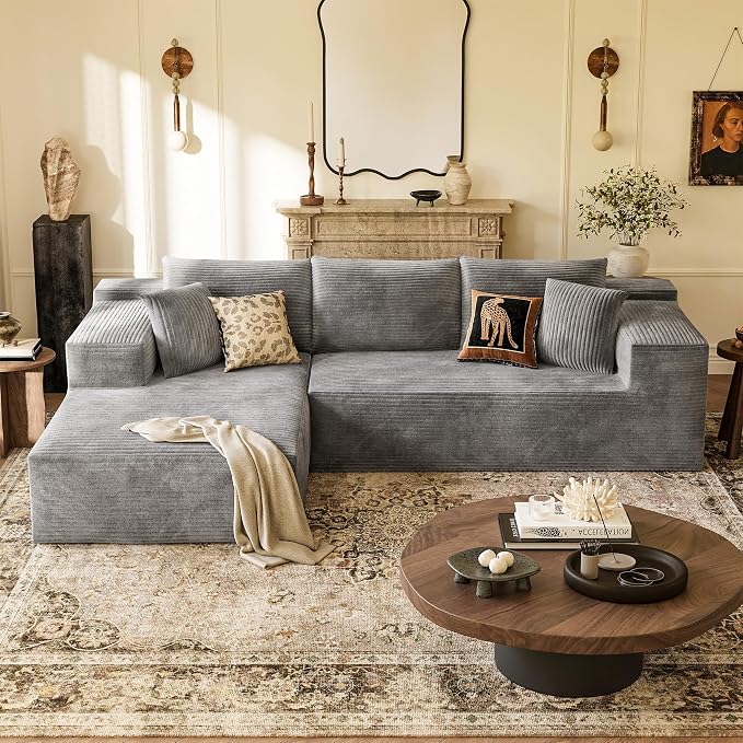 YESHOMY Boneless Couches for Living Room, 108" Sectional Modular Sectional Sofa with Deep Seat, Cloud Comfy Couch with L-Shape Chaise, Easy Assembly (Corduroy, Gray)