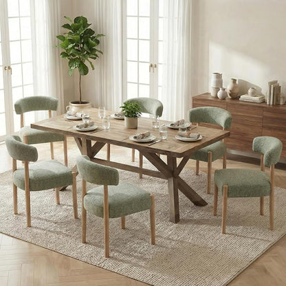 VKNOW Wooden Dining Chairs Set of 6, Modern Upholstered Dining Room Chairs with Rubberwood Legs and Curved Backrest, Fabric Kitchen Chairs for Living Room/Dining Room, Green