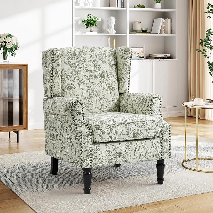 Pia Ricco Set of 2 Floral Accent Chairs, High Back Upholstered Armchairs with Retro Wingback Design, Nailhead Trim & Solid Wood Legs for Living Room Bedroom(Plants Green)