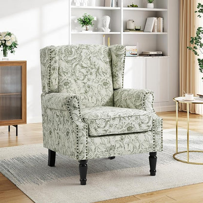 Pia Ricco Set of 2 Floral Accent Chairs, High Back Upholstered Armchairs with Retro Wingback Design, Nailhead Trim & Solid Wood Legs for Living Room Bedroom(Plants Green)