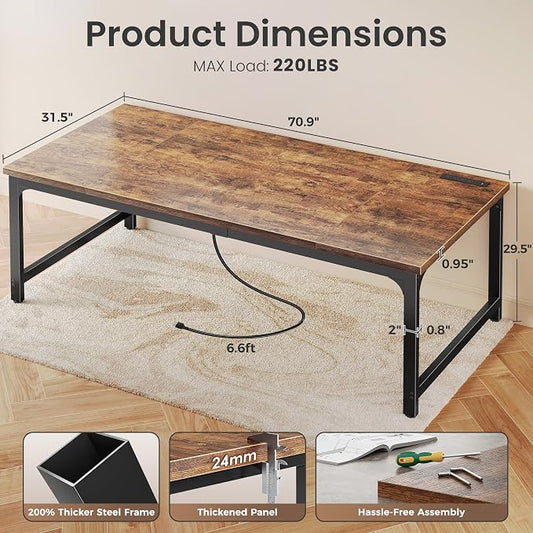 Huuger 71 x 31.5 Inch Desk with Power Outlets & USB-C, 0.95 Inch Thicker Desktop, Robust Metal Tubes, Deep Computer Desk, Heavy Duty Office Desk, Work Desk for Home Office, Rustic Brown