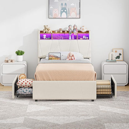 LIKIMIO Twin Bed Frame with 2 Storage Drawers, Charging Station & LED Lights, Upholstered Platform Twin Bed with Storage Headboard, Strong Wooden Slats, No Box Spring Needed, Easy Assembly, Beige