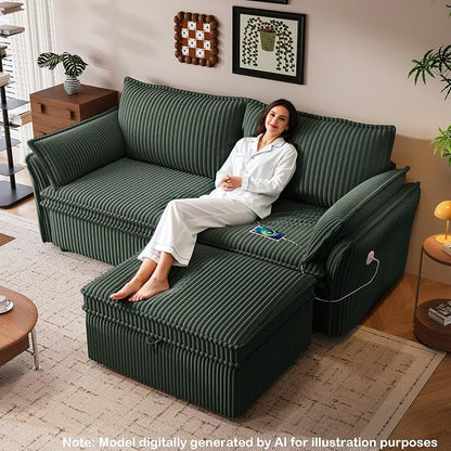85'' Sofa Bed Full Size, Tool-Free Assembly, 3 in 1 Convertable Sleeper Sofa, Corduroy Couches with Pull Out Bed, USB & Storage, Modern Loveseat for Small Space, Living Room, Corduroy Green