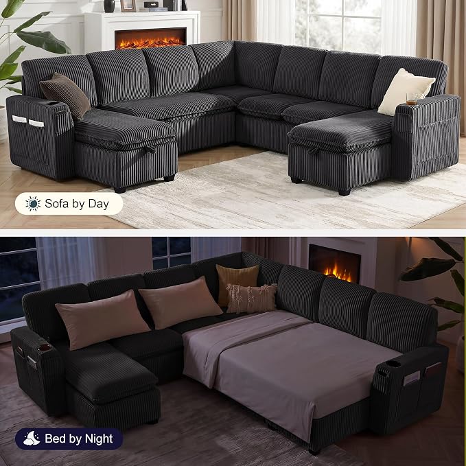 Oversized Sectional Sleeper Sofa with Pull Out Bed, Plush Corduroy 9 Seat Modular Sofa with Storage Chaise and Adjustable Backrest, Cloud Couches for Living Room, Apartment, Dark Grey