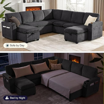 Oversized Sectional Sleeper Sofa with Pull Out Bed, Plush Corduroy 9 Seat Modular Sofa with Storage Chaise and Adjustable Backrest, Cloud Couches for Living Room, Apartment, Dark Grey