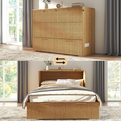 Full Size Murphy Bed Cabinet: Oak Folding Murphy Bed for Small Spaces, Wood Hidden Beds Cabinet with Charging Station, Modern 2 in 1 Hideaway Beds Cabinets (Oak-Fluted)