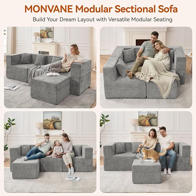 MONVANE 103'' Modular Sectional Sofa, Cloud Sectional Couch with Ottoman, Convertible Chenille L Shaped Couch with Deep Seat, Sectional Couches for Living Room, No Assembly Required, Light Grey