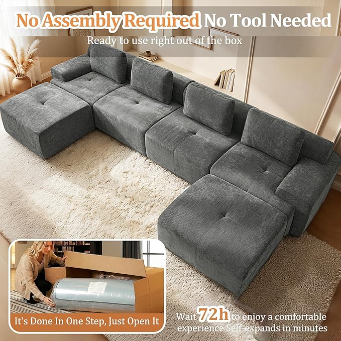 159" U-Shaped Modular Sectional Sofa, Oversized Boneless Cloud Couch for Living Room with Extra Deep Seat & High Back, Tool-Free No Assembly, Soft Chenille (Dark Grey, 159 inch-U Shaped（4+2）)