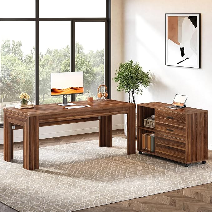 Tribesigns 63" L Shaped Desk with File Cabinet, Large Executive Office Desk with Rolling Filing Cabinet, Long Computer Table with Drawers, Business Furniture Set for Home Office, Light Walnut