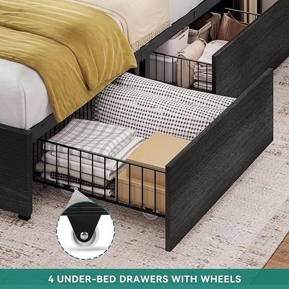 YITAHOME King Size Bed Frame with 51" Tall Bookcase Headboard and 4 Storage Drawers, RGB LED Bed Frame with Type-C & USB Charging Station Headboard Beds, No Box Spring Needed, Noise Free,Antique Black