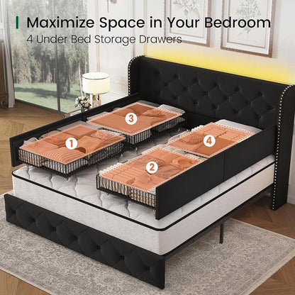 LARMACE Queen Size Bed Frame with LED Lights and 4 Storage Drawers Velvet Upholstered Platform Bed Frame with 47.2" Tall Tufted Headboard Wingback, No Box Spring Needed, Easy to Assemble, Black