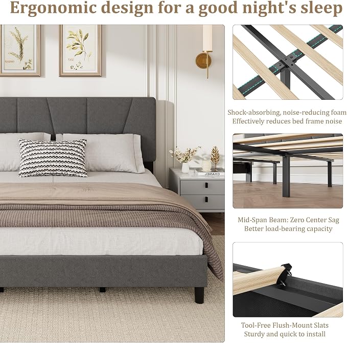 GarveeHome King Size Bed Frame with Upholstered Headboard, Modern Fabric Platform Bed Frame with Wooden Slat Support, Adjustable Headboard, No Box Spring Needed, Noise-Free, for Bedroom