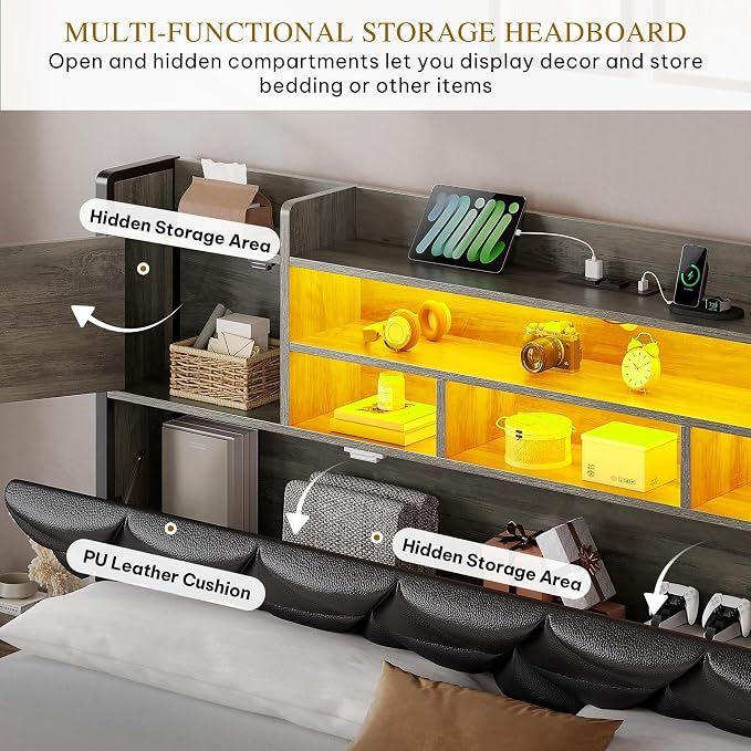 DWVO King Size Bed Frame with RGB LED Lights & Storage Bookcase Headboard, Upholstered Bed with Charging Station and 4 Drawers, No Box Spring Needed, Easy Assembly, Noise-Free, PU Leather Black