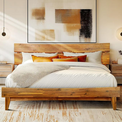 Acacia Aurora Wooden Bed with Headboard, King Size Bed Frame, 800lbs Capacity Wood Bed Compatible with All Mattress Types, Non-Slip & Noise-Free, Wood Slats Support, Easy Assembly, Caramel.
