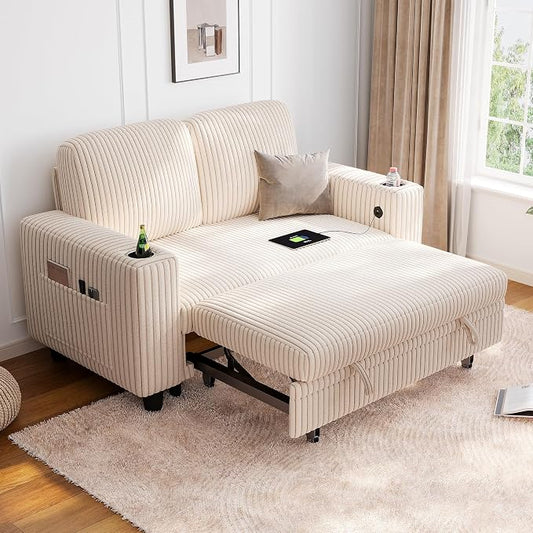 LINSY HOME Sectional Sleeper Sofa Bed, Corduroy Pull Out Couch for Living Room (Beige,Small Couch)|USB Ports, Cup Holder, Side Pocket|2 Seater Convertible Sofa Bed| Apartment Guest Room, Loveseat