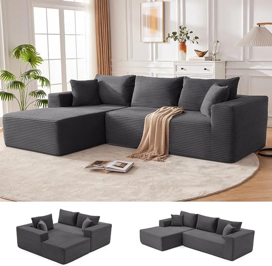 MANGODAN 110” Cloud Sectional Couch, Boneless Sofa for Living Room, Modular Sectional Sofa with Deep Seat, Comfy Fluffy Couch with L-Shaped Chaise, No Assembly Required (Left-Facing Chaise, Dark Grey)