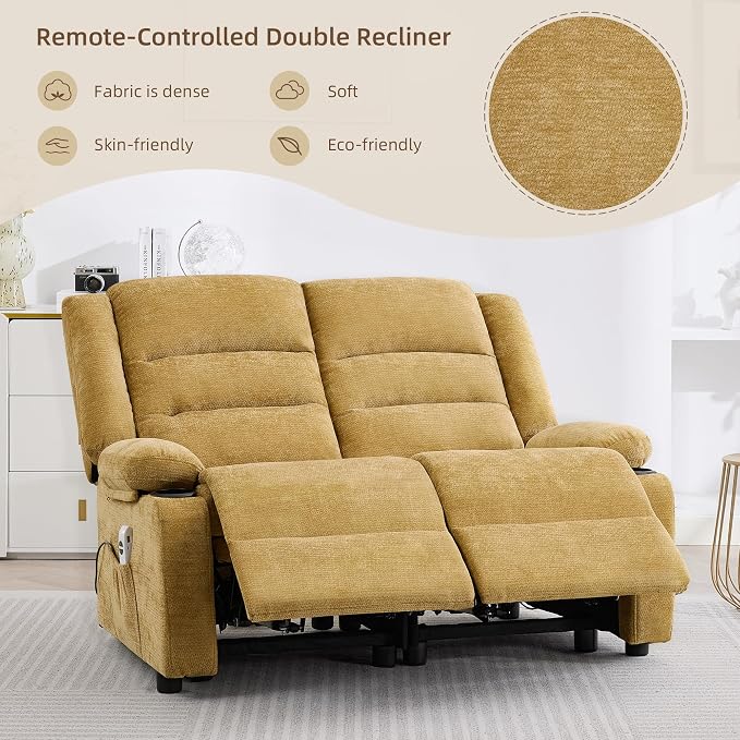 52Inch Reclining Loveseat Sofa,Power Loveseat Recliner,Electric Love seat Recliner Sofa for Bedroom,Living Room with Charging Ports,Yellow