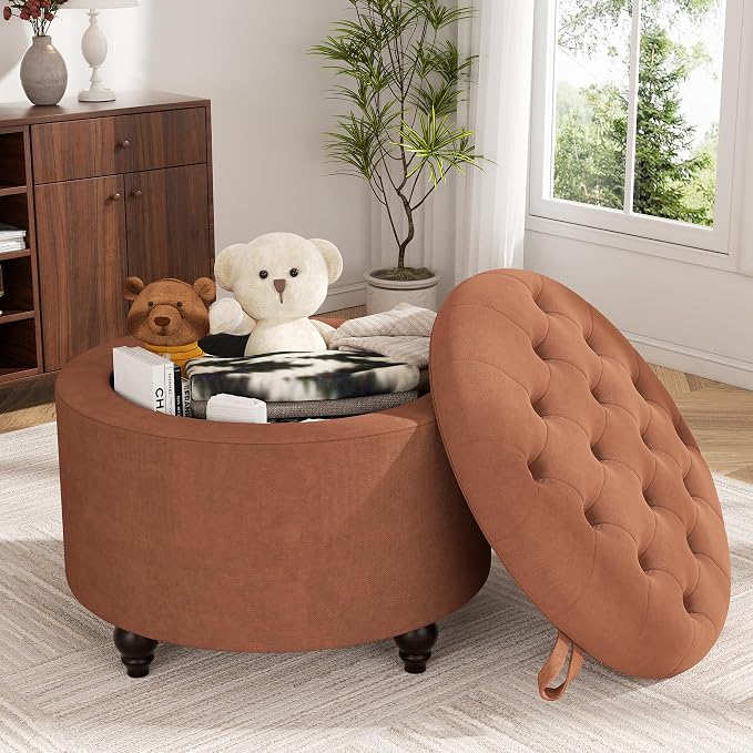 24 Inch Round Storage Ottoman,Modern Tufted Ottomans,Circular Coffee Table with Removable Top,Upholstered Large Ottoman with Storage Footrest Stool for Bedroom Living Room (Orange)