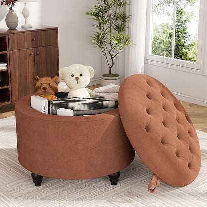 24 Inch Round Storage Ottoman,Modern Tufted Ottomans,Circular Coffee Table with Removable Top,Upholstered Large Ottoman with Storage Footrest Stool for Bedroom Living Room (Orange)