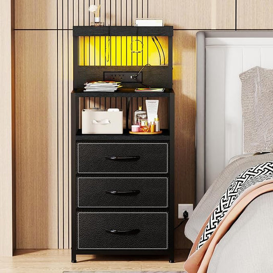 SZLHANJZ LED Nighstand with Charging Station, Night Stand with 3 Drawers and LED Lights, Storage Side Table with 3 Shelf and Hooks, Bedroom End Table for Bedside, Modern Black