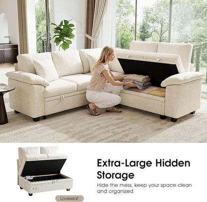 86" Modular Sectional Sleeper Sofa with Pull Out Bed, L Shaped 5 Seat Couch with 151L Storage, Convertible Cloud Couch Bed, Sectional Couches for Living Room, Apartment (Beige)
