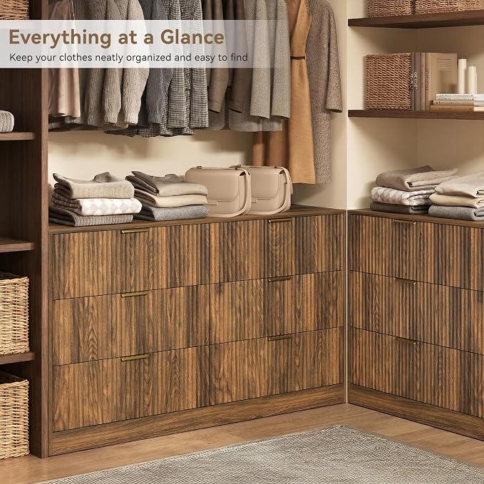 Walnut 6 Drawer Dresser for Bedroom, 55" Wide Fluted Chest of Drawers with Gold Metal Handles, Wood Dresser Storage Organizer Mid Century TV Stand for Living Room Closet Hallway