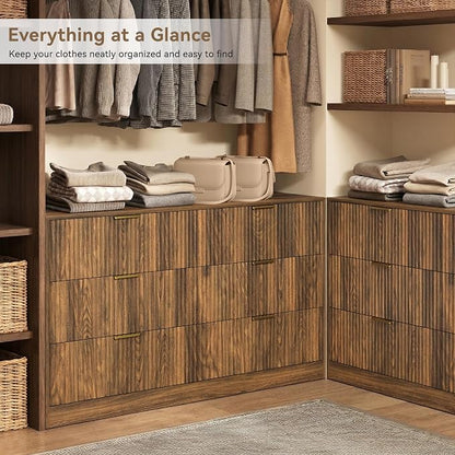 Walnut 6 Drawer Dresser for Bedroom, 55" Wide Fluted Chest of Drawers with Gold Metal Handles, Wood Dresser Storage Organizer Mid Century TV Stand for Living Room Closet Hallway