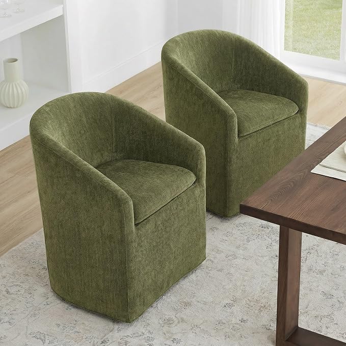 KISLOT Upholstered Dining Chairs Set of 2 with Casters, Modern Side Barrel Armchair with Washable Slipcover & Sturdy Metal Frame for Diningroom Bedroom Livingroom Reading Room, Green Fabric