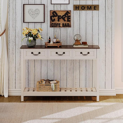 ChooChoo 47" Farmhouse Console Table with 3 Drawers, Rustic Entryway Table, Narrow Long Sofa Table for Living Room, Hallway, Behind Couch, Soft White and Brown