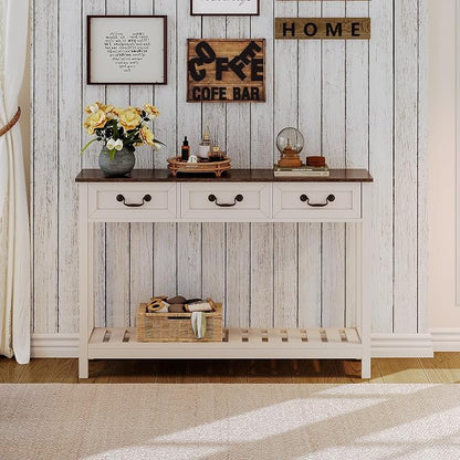 ChooChoo Farmhouse Console Table with 3 Drawers, Rustic Entryway Table, Narrow Long Sofa Table for Living Room, Hallway, Behind Couch, Soft White and Brown