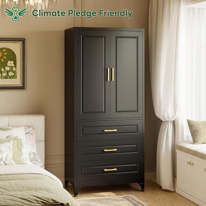 Metal Wardrobe Cabinets with 3 Drawers,Black Armoire Wardrobe Closet with Hanging Rod,Clothes Storage Cabinet with Adjustable Shelves and Doors,Clothing Cabinet for Bedroom,Laundry Room