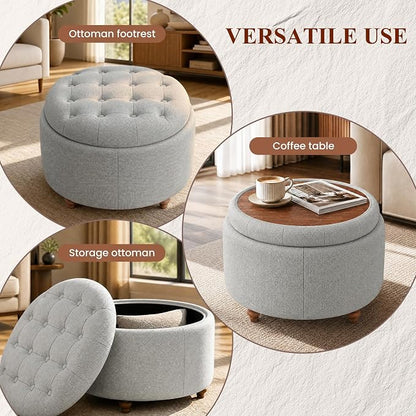 25Inch Round Ottoman with Storage, Tufted Fabric Modern Circle Ottoman with Reversible Tray Lid and Wood Legs, Multi-Functional Small Coffee Table for Living Room, Bedroom, Gray