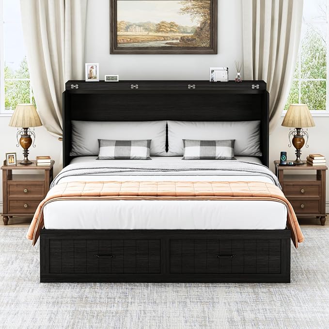 Queen Murphy Bed with Storage & Charging Station, Farmhouse Murphy Cabinet Bed with Large Drawer, Hideaway Foldable Platform Bed for for Guest Room, Bedroom, Home Office, Mattress Not Included, Black