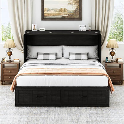 Queen Murphy Bed with Storage & Charging Station, Farmhouse Murphy Cabinet Bed with Large Drawer, Hideaway Foldable Platform Bed for for Guest Room, Bedroom, Home Office, Mattress Not Included, Black