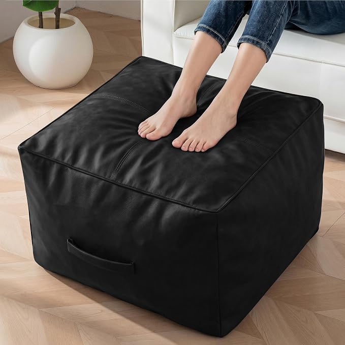 HIGOGOGO Square Stuffed Pouf Ottoman, Pu Leather Poufs with Foam Chunk Filling, Furry and Fluffy Pouf Foot Stool Storage Ottoman,20 X 14 Inches Floor Poufs Foot Rest for Living Room, Black