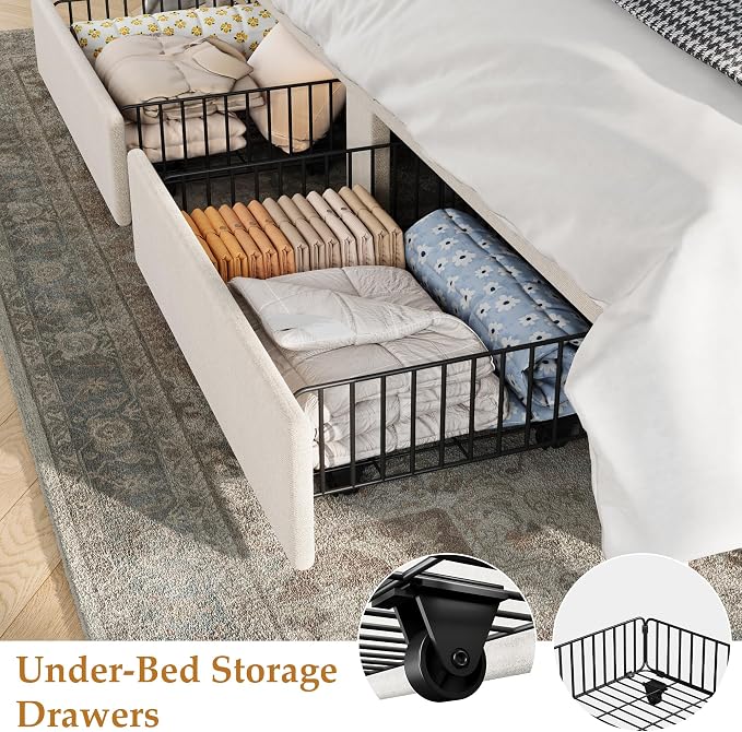 IDEALHOUSE King Bed Frame with Wingback Headboard, Velvet Upholstered Platform Bed with 2 Storage Drawers, Vertical Tufted Headboard Design, Wooden Slats Support, No Box Spring Needed, Beige