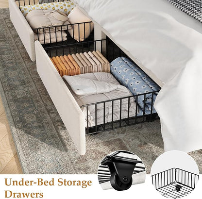 IDEALHOUSE King Bed Frame with Wingback Headboard, Velvet Upholstered Platform Bed with 2 Storage Drawers, Vertical Tufted Headboard Design, Wooden Slats Support, No Box Spring Needed, Beige