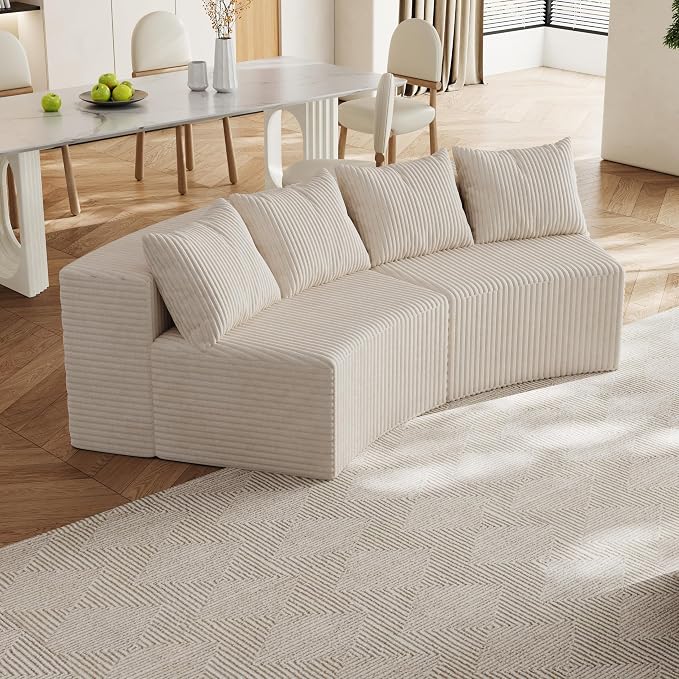 KEIKI Corduroy Curved Sectional Sofa, 2 Seater Symmetrical Modular Semi Circular Couch, Deep Seat Tufted Corner Sofa for Living Room, Lobby, Beige