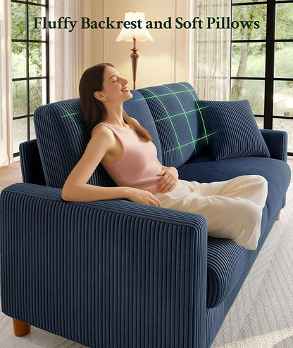 Welzona 70.2" Couches for Living Room, Comfy L Shaped Couch Blue 7.1" Thicker Cushion, Sofas for Living Room Tool-Free Setup, Loveseat with Ottoman 705lbs Support, Corduroy Couch for Bedroom, Office