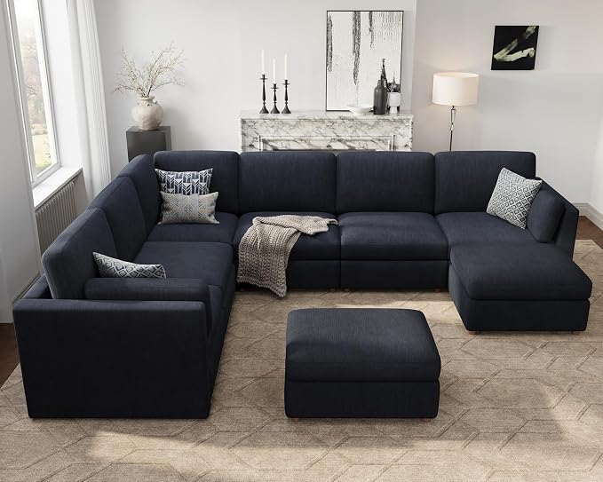Oversized Modular Sectional Sofa U-Shaped Cloud Couches Blue | Large Deep Seat Couch for Living Room, 8 Seater Luxury Corner Sofa with Ottoman, Solid Wood Frame, Removable Washable Cover