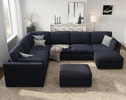 Oversized Modular Sectional Sofa U-Shaped Cloud Couches Blue | Large Deep Seat Couch for Living Room, 8 Seater Luxury Corner Sofa with Ottoman, Solid Wood Frame, Removable Washable Cover