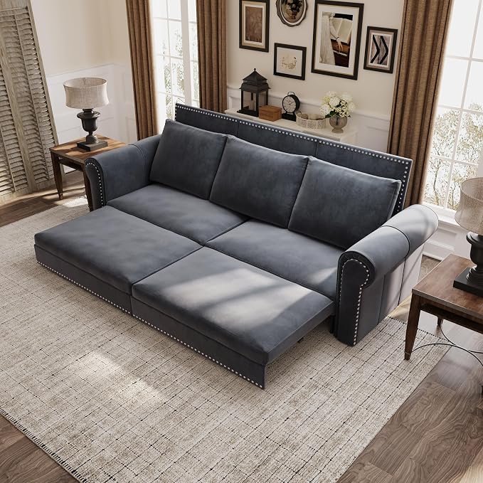 93.7" King Size Sleeper Sofa Bed, Pull Out Sofa Bed, Velvet Upholstery, 3 in 1 Convertible Sleeper Couch, Chaise Lounge, Retro Recliner for Living Room, Office, Apartment, Grey