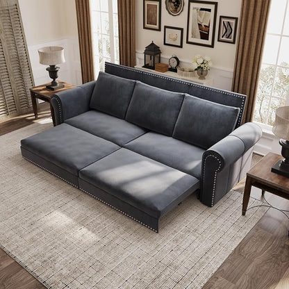 93.7" King Size Sleeper Sofa Bed, Pull Out Sofa Bed, Velvet Upholstery, 3 in 1 Convertible Sleeper Couch, Chaise Lounge, Retro Recliner for Living Room, Office, Apartment, Grey