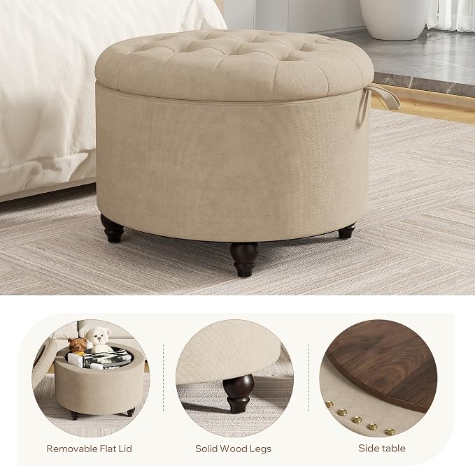24 Inch Round Storage Ottoman,Modern Tufted Ottomans,Circular Coffee Table with Removable Top,Upholstered Large Ottoman with Storage Footrest Stool for Bedroom Living Room (Lightbrowm)