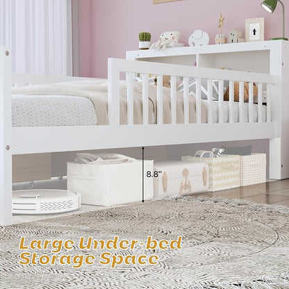 Kids Twin Size Bed Frame with Storage Drawers and Bookcase,Wood Twin Bed Frames for Kids,Twin Bed Frame with Headboard and Footboard for Boys Girls,No Box Spring Needed,White
