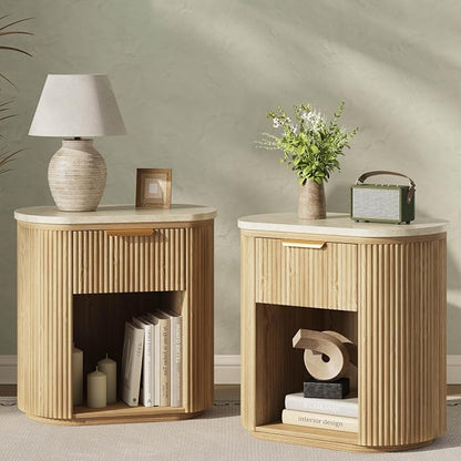 Fluted Marble Nightstand Set of 2, 23.6" Large Bedside Side Table with Drawer, Wood End Table with Storage, Curved Round Corner, Furniture Bedroom Sofa, Mid Century Modern,Oak, Marble