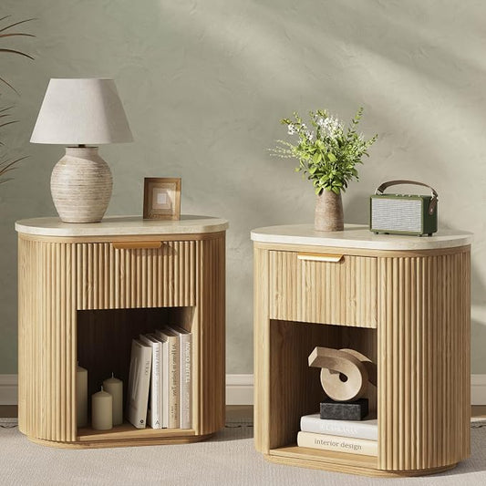 Fluted Marble Nightstand Set of 2, 23.6" Large Bedside Side Table with Drawer, Wood End Table with Storage, Curved Round Corner, Furniture Bedroom Sofa, Mid Century Modern,Oak, Marble