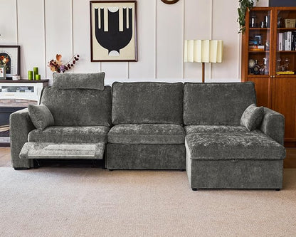 124.8'' Oversized Power Recliner Sofa with Headrest, Extra Wide Modular Cloud Sectional Reclining Couch, Convertible 4-Seater with Storage Ottoman for Home Theater Living Room, Chenille, Grey