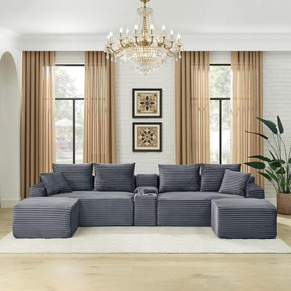 127" U-Shaped Cloud Sectional Couch Oversized Modular Compressed Boneless Sectional Sofa with Ottoman Chaise Lounges & Console, Plush Corduroy Boneless Symmetrical Sofa