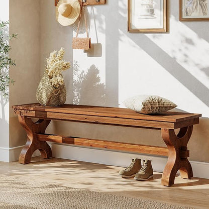 Solid Wood Entryway Bench, 55-Inch Farmhouse Indoor Bench, Narrow Hallway Seat for Living Room, Bedroom (1, Brown)